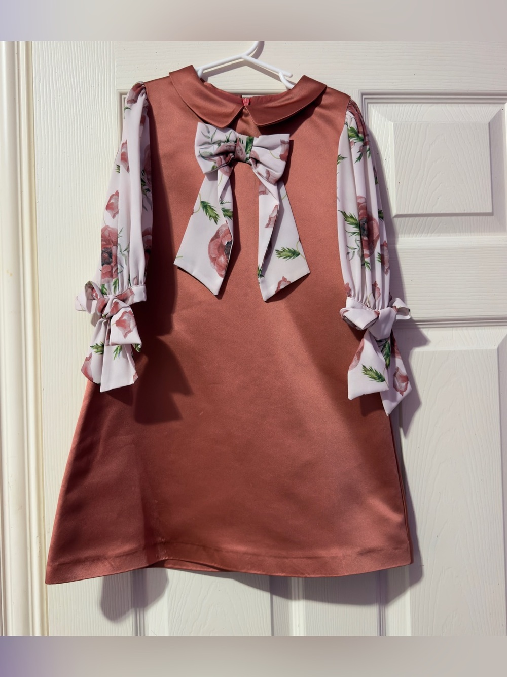 Girls' Rose Pink Satin Bow-Accent Dress